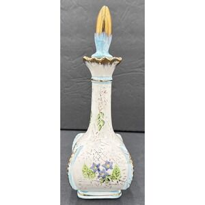 Vtg Hand Painted Glass Decanter  With Stopper  Floral Design Small Gold Trim
